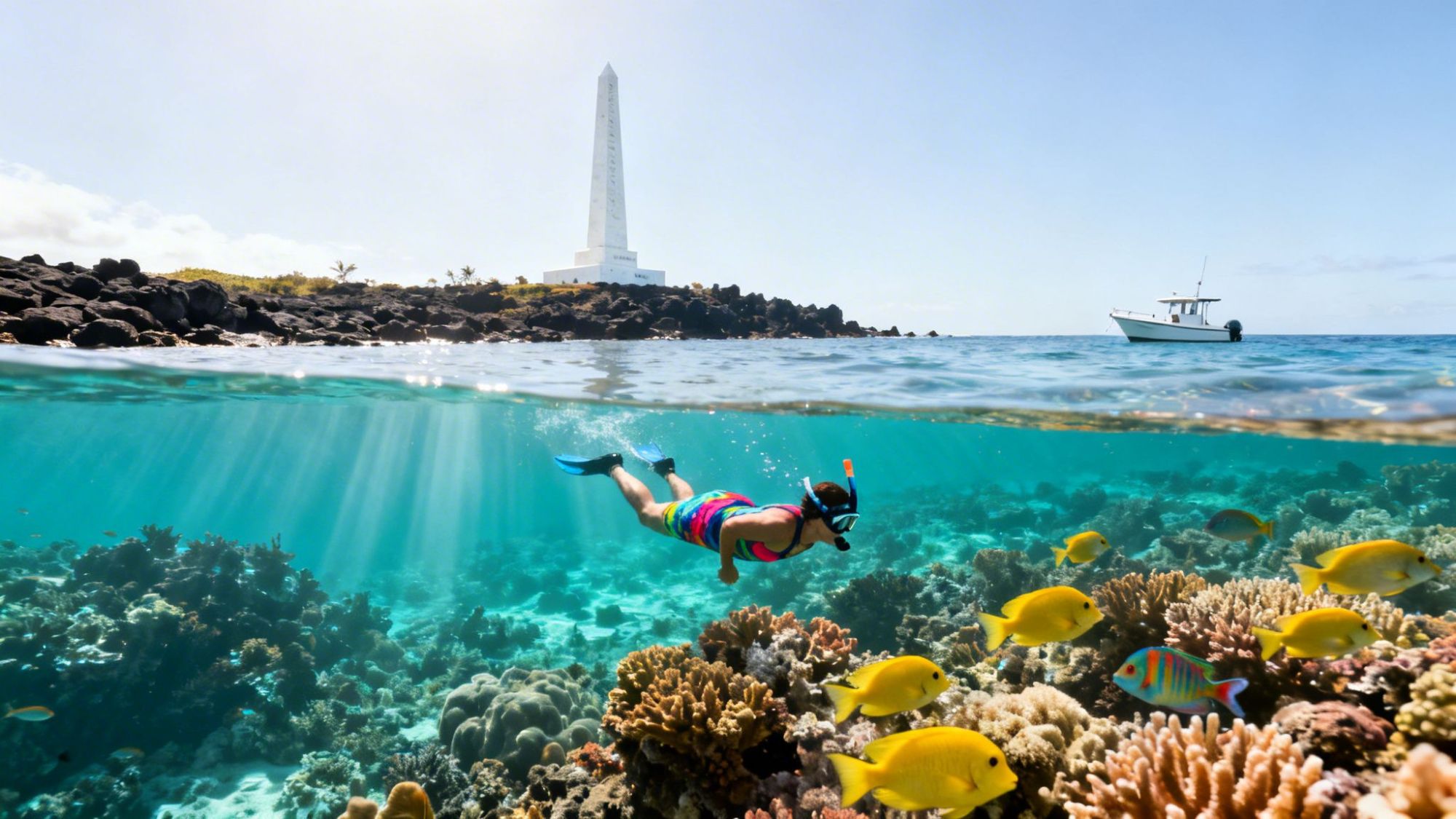 Snorkeler explores coral reef with colorful fish, a monument, and a boat in the background.
