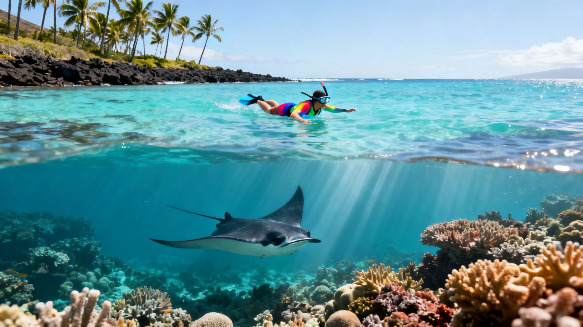 Snorkeler in colorful outfit swimming above coral reef with a manta ray below in clear blue waters.