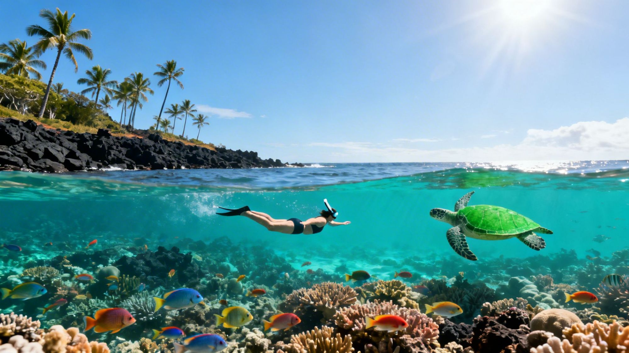 Snorkeler and turtle swimming above a coral reef with palm trees and a sunny sky in the background.