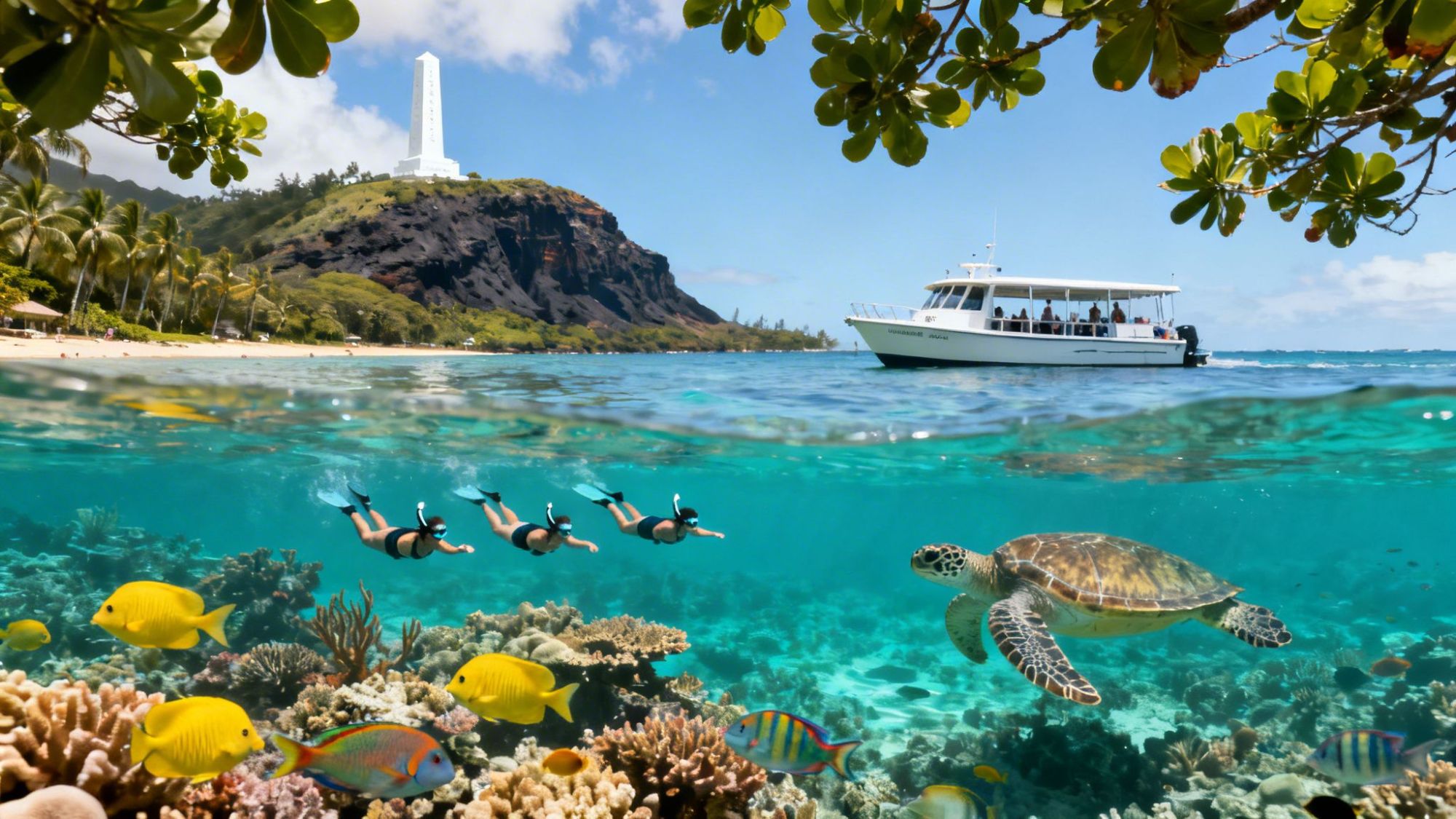 Snorkelers, turtle, fish underwater; boat, lighthouse, and tropical beach above water.