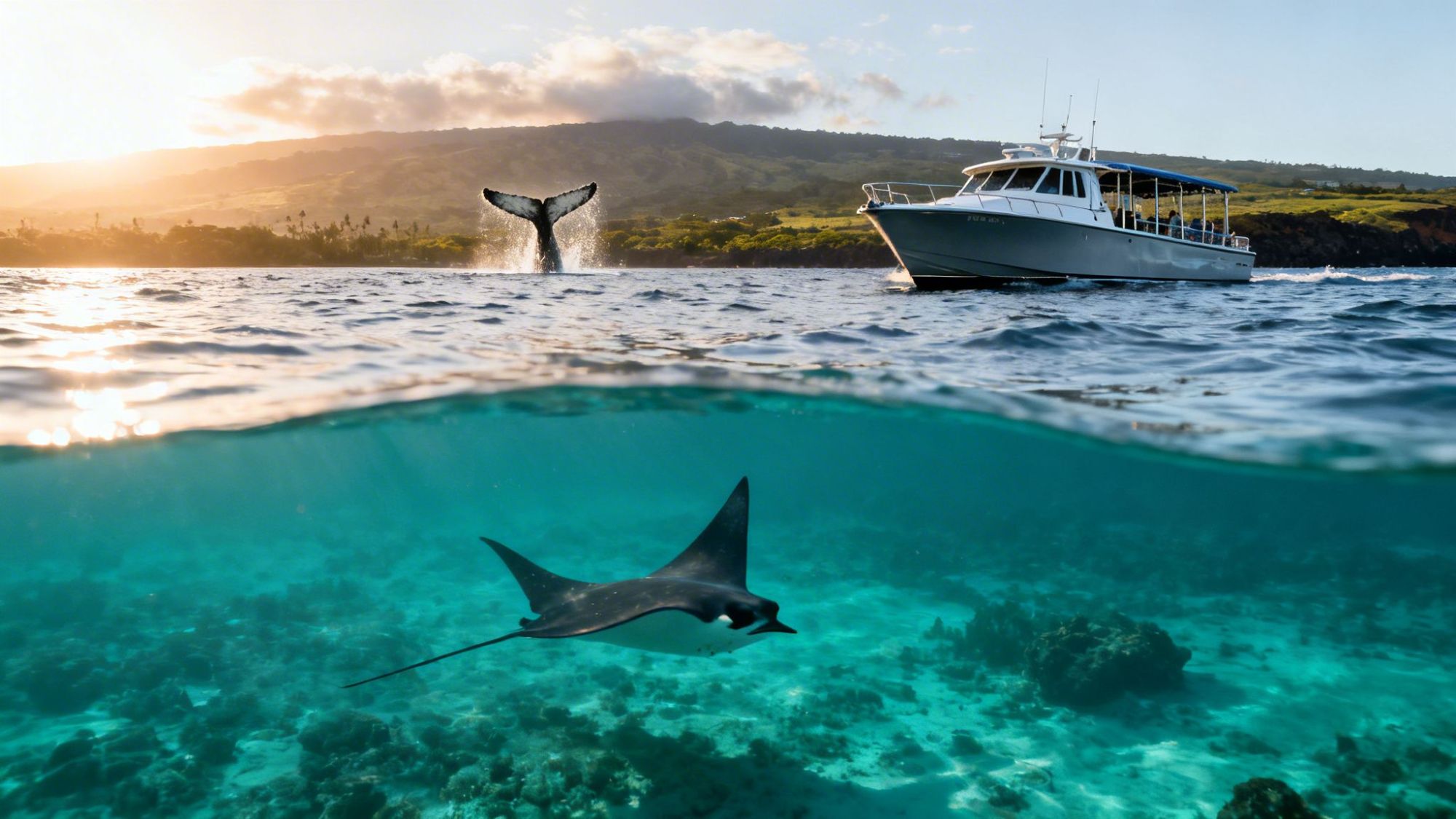 Split view of manta ray underwater and whale tail above with boat in the background.