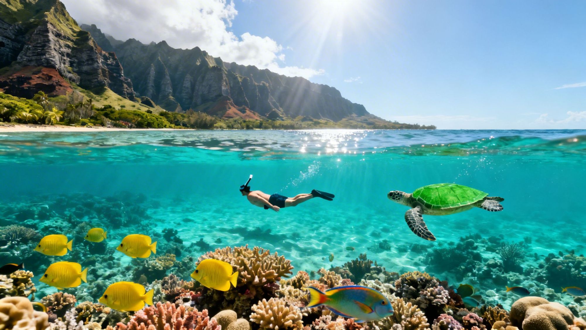 Snorkeler and sea turtle in clear water with coral and fish, mountains in background.
