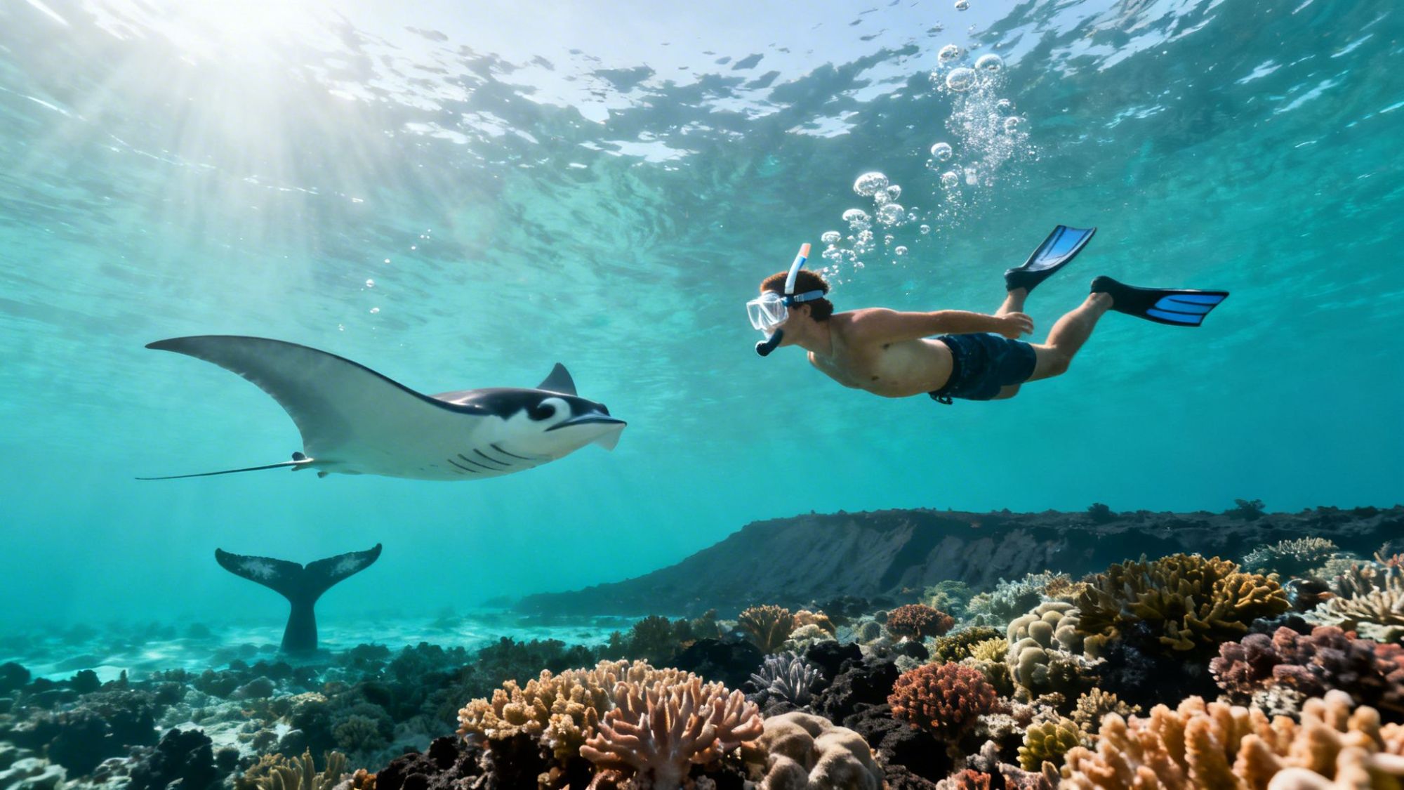 Snorkeler swimming near a manta ray over vibrant coral reef in clear blue water.