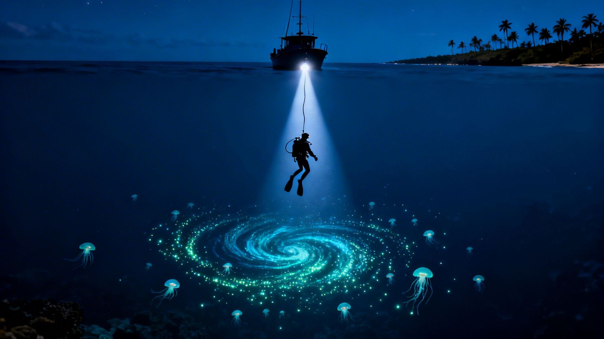 Diver illuminated by boat light above glowing jellyfish and swirling underwater lights at night.