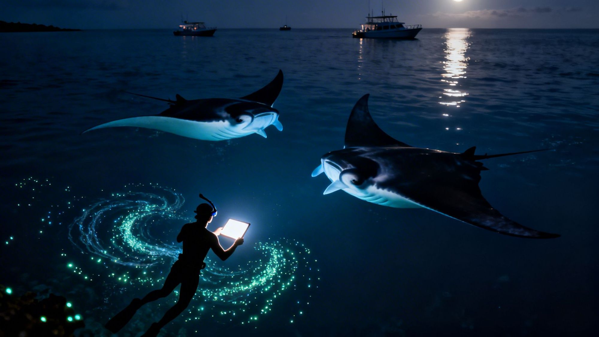 Diver with tablet surrounded by bioluminescent plankton and two manta rays at night.
