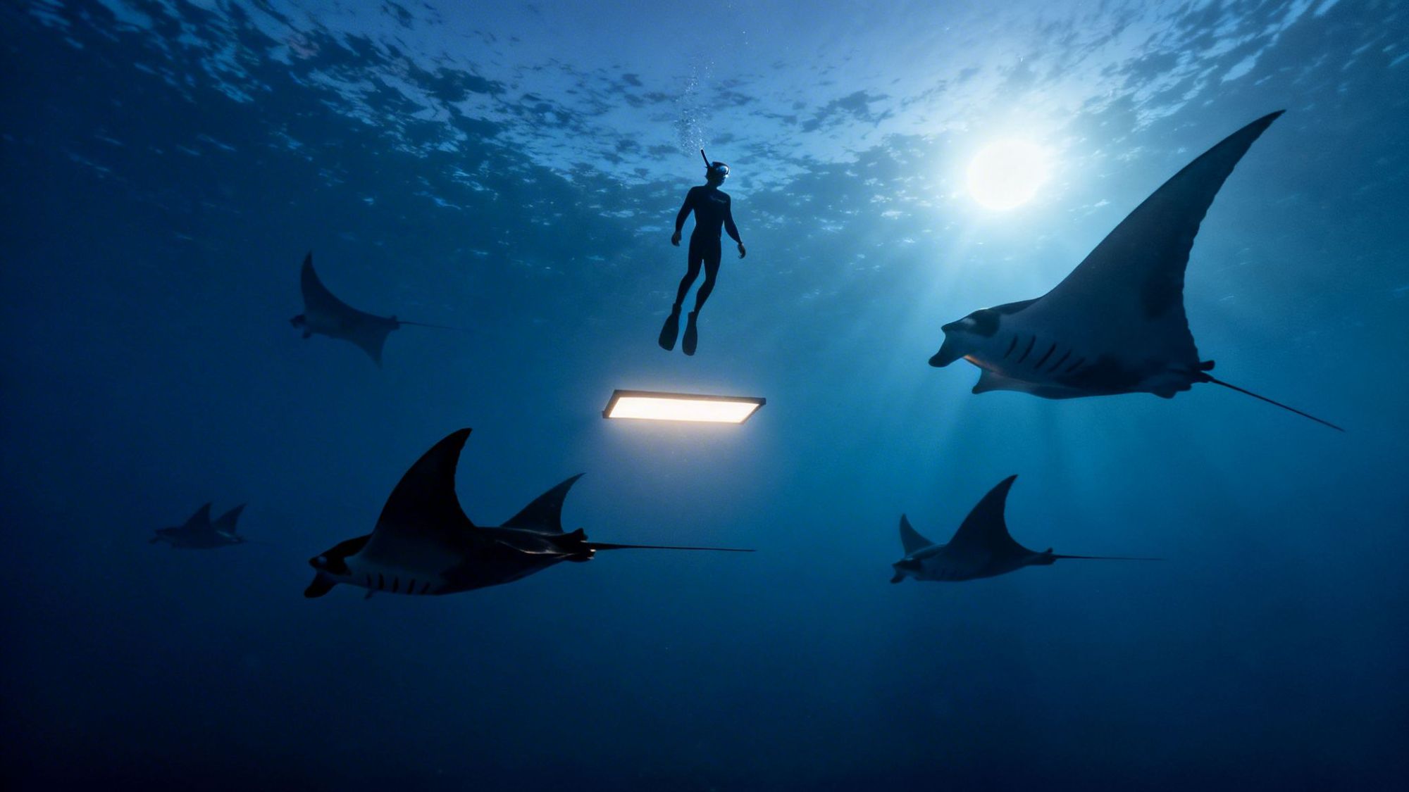 Underwater diver swimming with several manta rays in deep blue ocean.