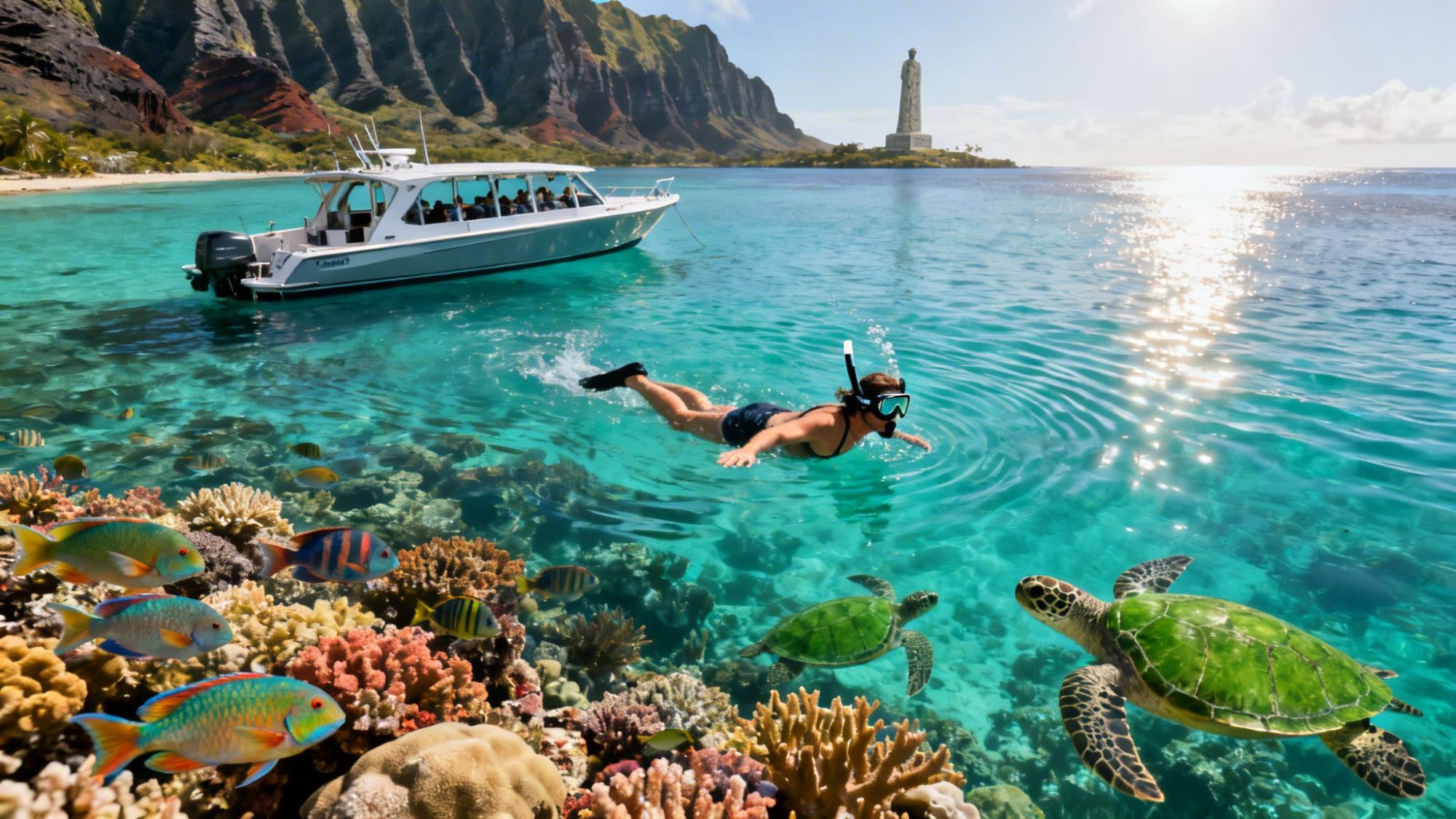 Snorkeler swims near coral reef with turtles and fish, a boat nearby, and statue visible on scenic coastline.