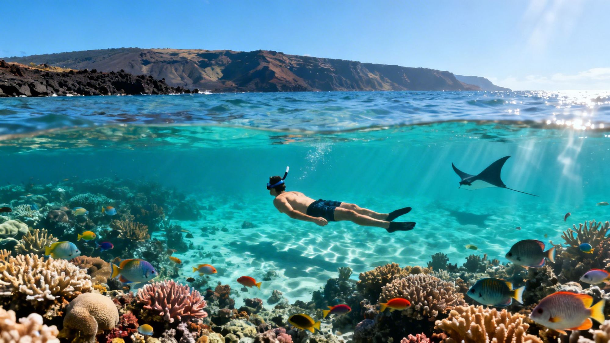 Snorkeler swims near coral reef with colorful fish and a ray, clear water, and coastal landscape in the background.