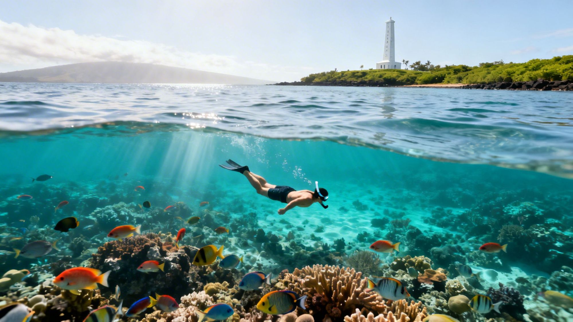 Snorkeler swims above coral reef with colorful fish, near coast with tall white monument in background.