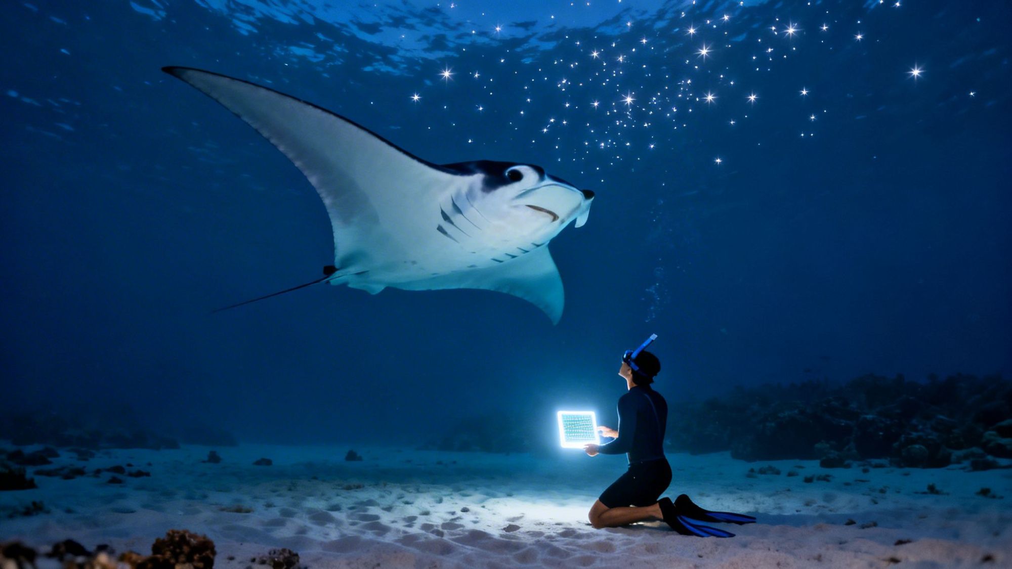 A diver holds a glowing tablet underwater, facing a manta ray swimming beneath twinkling lights.