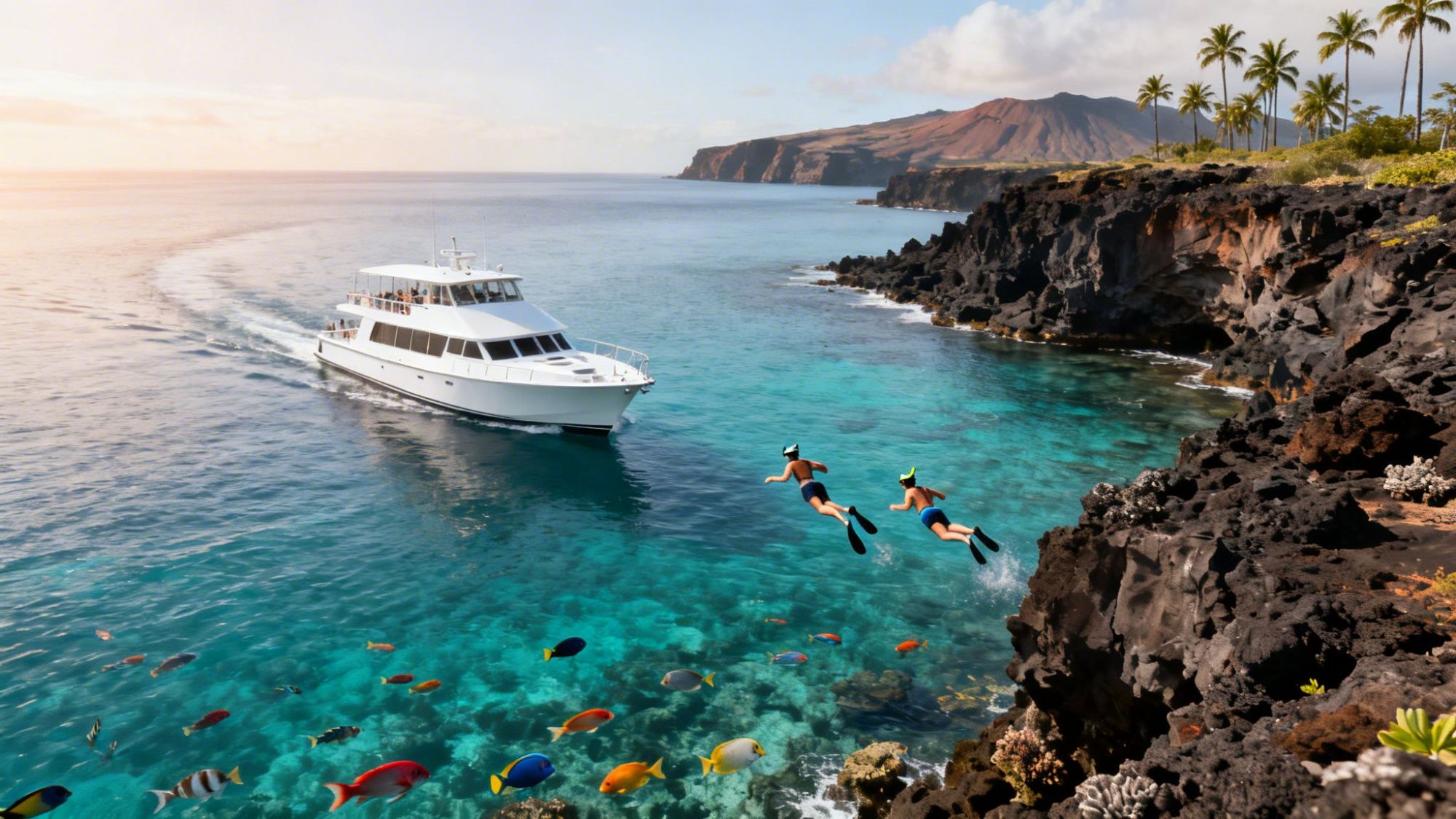Two snorkelers swimming near a yacht by rocky shore and tropical fish.