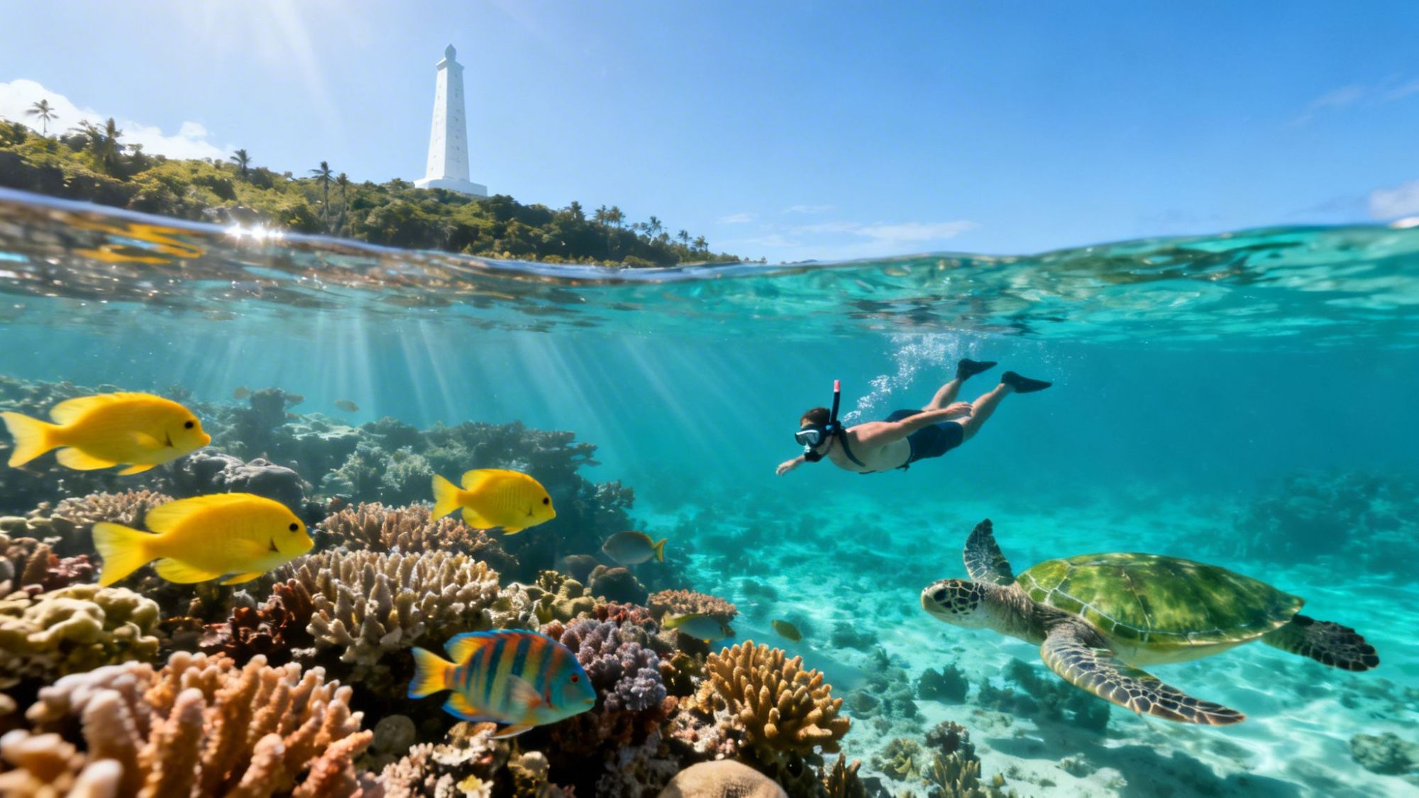 Snorkeler with sea turtle and fish over coral reef, with a lighthouse on shore.