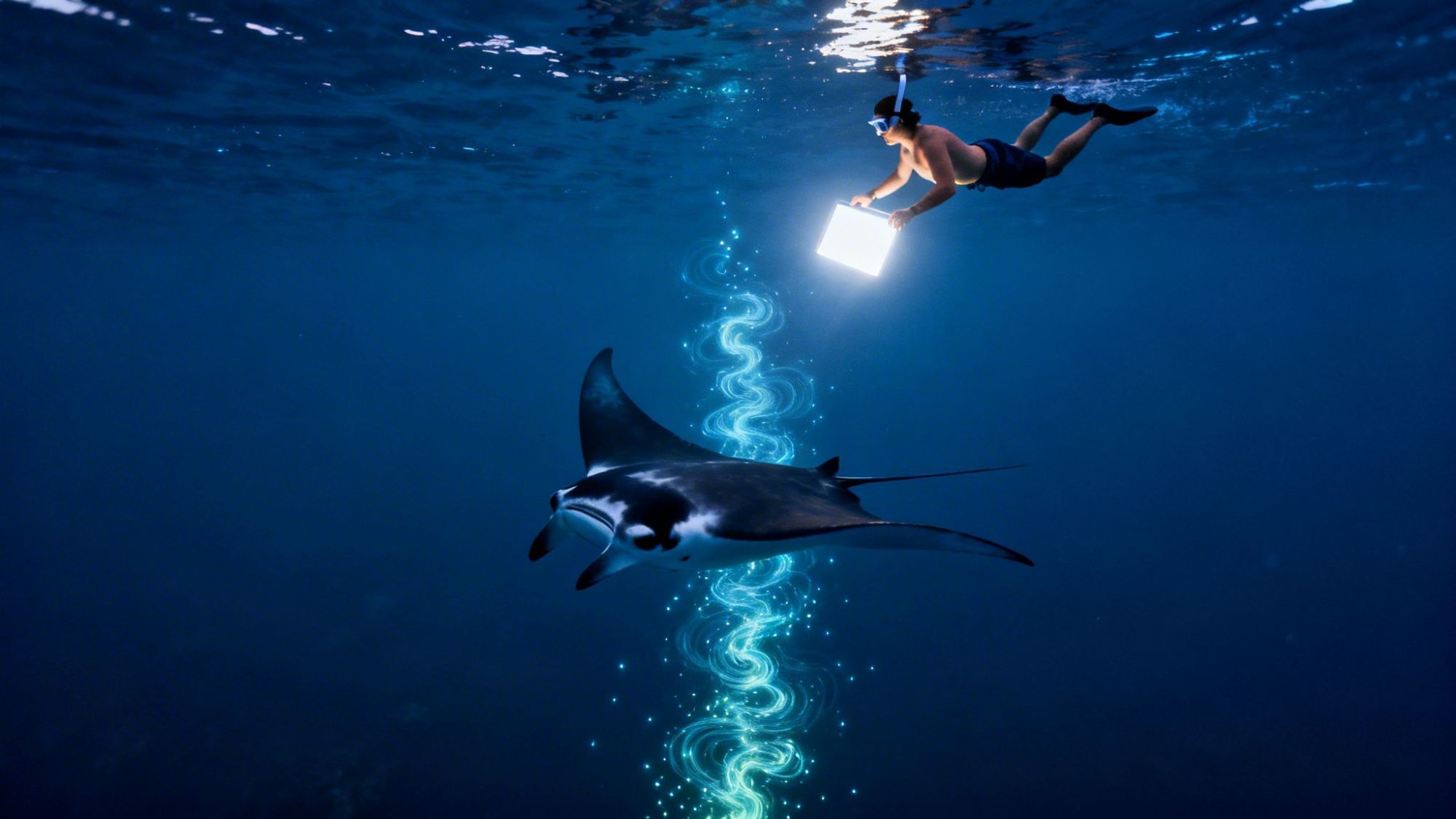 Diver with light box swims near a manta ray in blue water, with glowing trail beneath.
