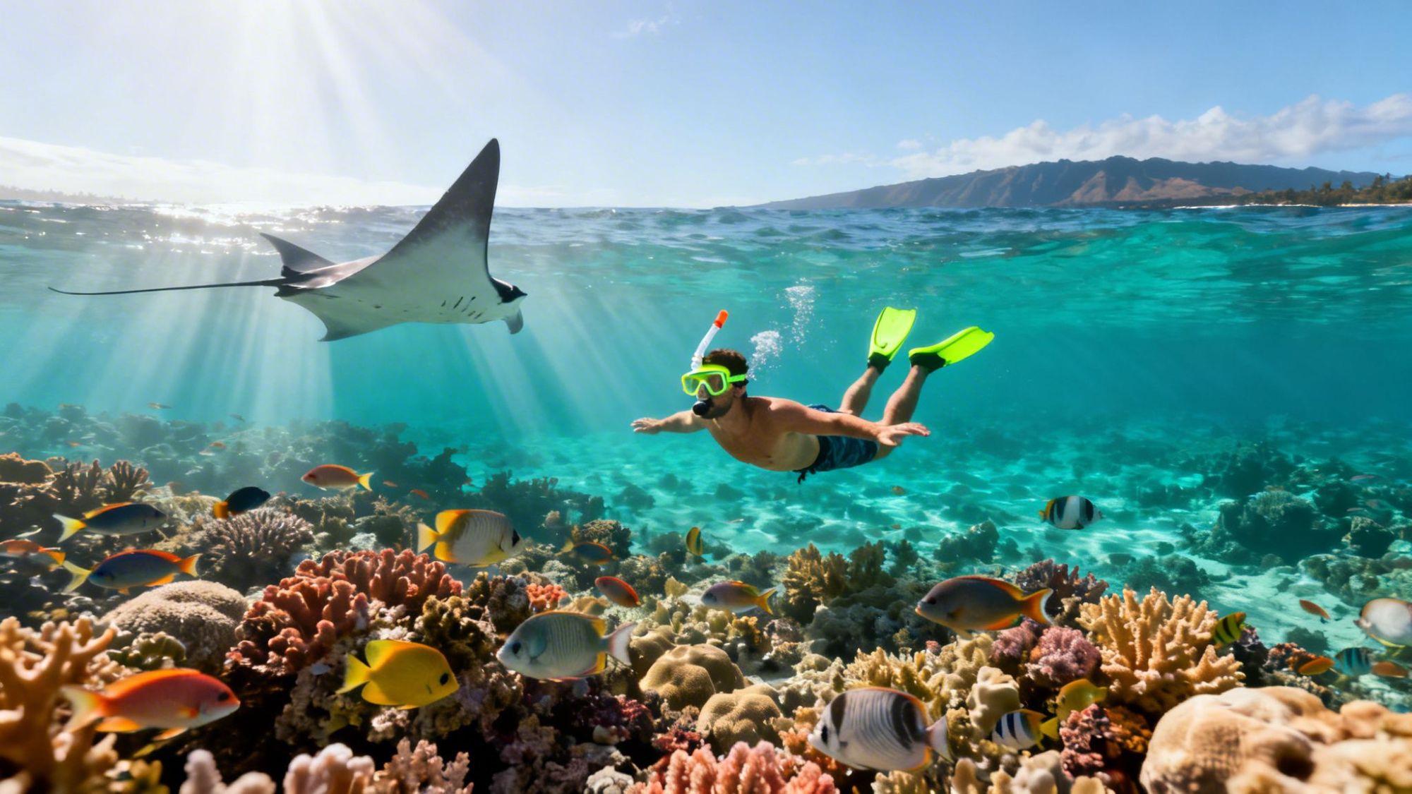 Snorkeler swimming near coral reef with fish and manta ray in clear turquoise water.