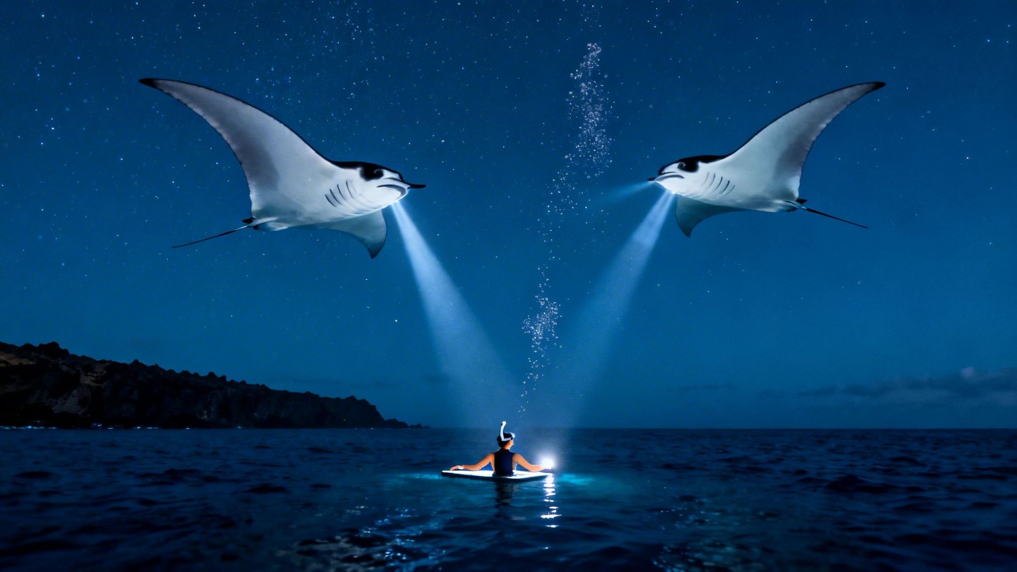 Person paddling at night with giant manta rays overhead illuminating water.