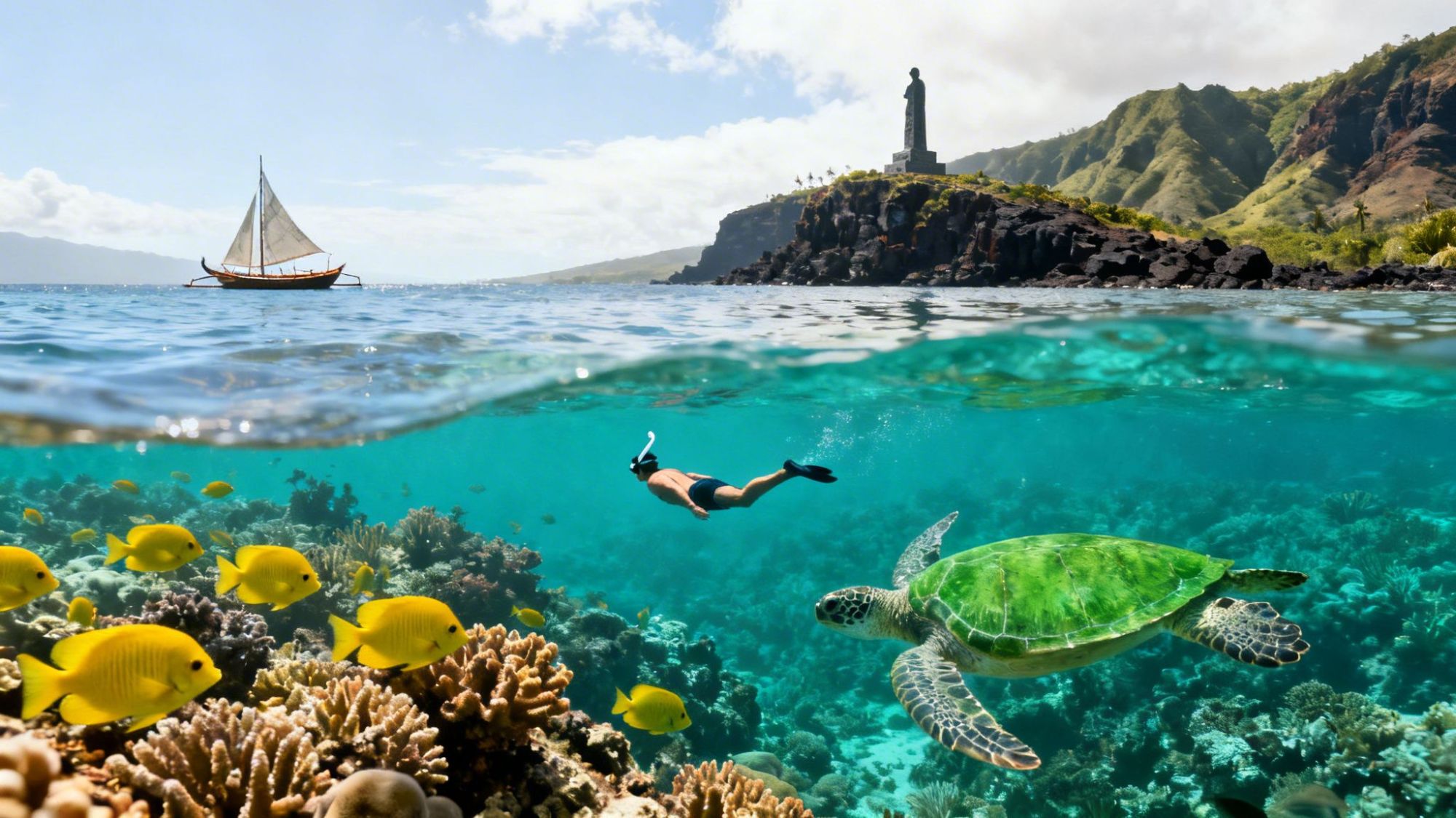 Snorkeler with turtle in ocean, coral reef, yellow fish; sailboat and statue on island in background.
