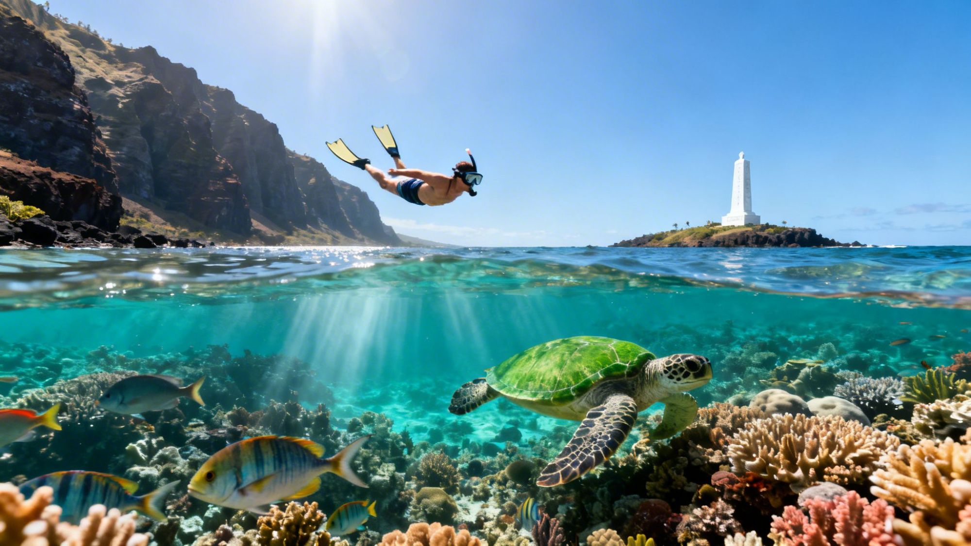 Diver swims above coral reef and sea turtle near cliff and lighthouse in clear ocean.