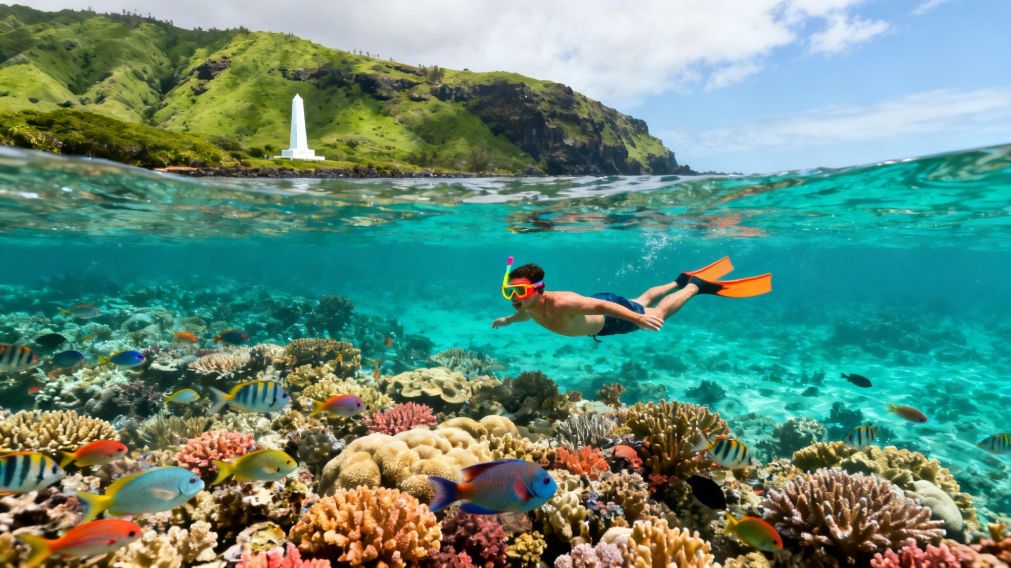 Snorkeler swims over vibrant coral reef with tropical fish in clear water near a lush, green hillside and monument.