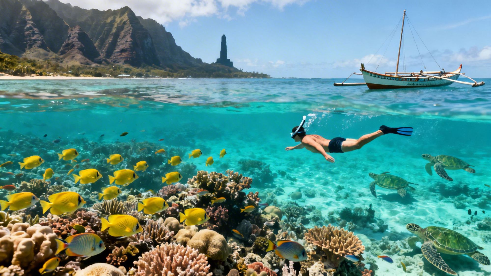 Snorkeler swims over coral reef with fish and turtles, mountains and boat in background.