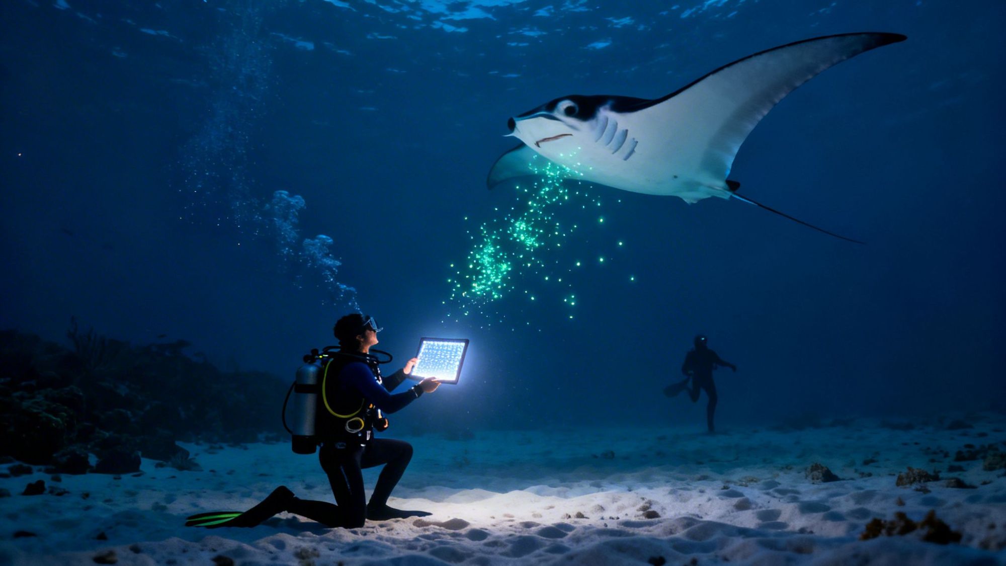 Diver kneeling on ocean floor with manta ray above, holding illuminated panel in dark underwater scene.