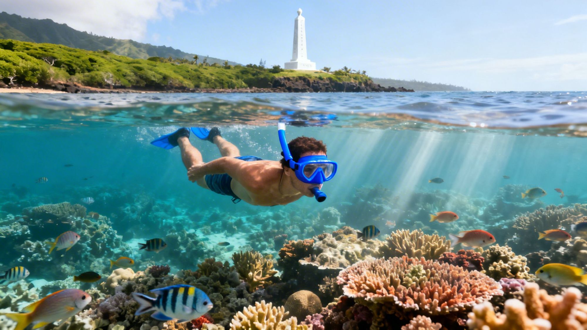 Person snorkeling over a colorful coral reef, with a lighthouse on the horizon.