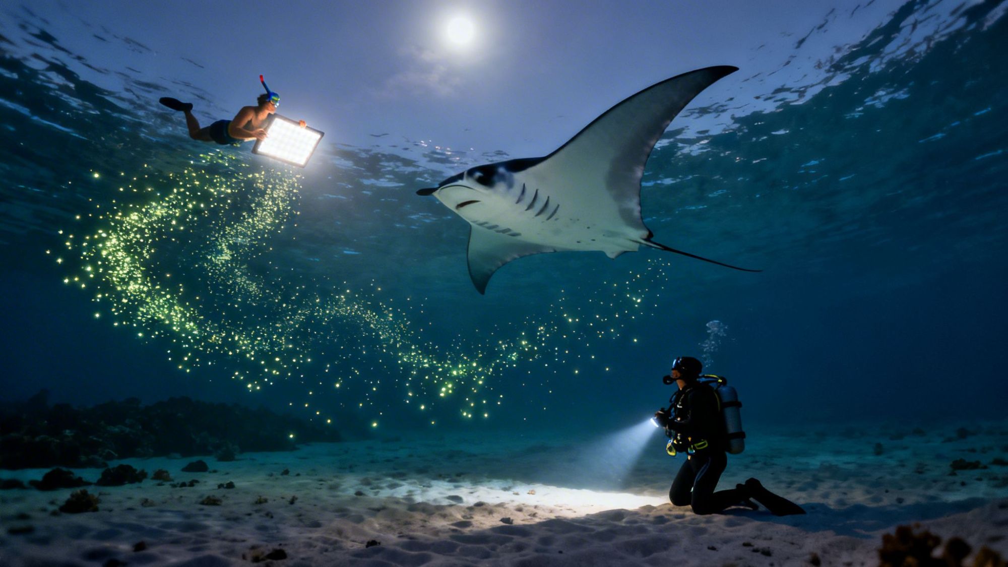 Two divers with lights, surrounded by glowing particles, observe a manta ray underwater at night.