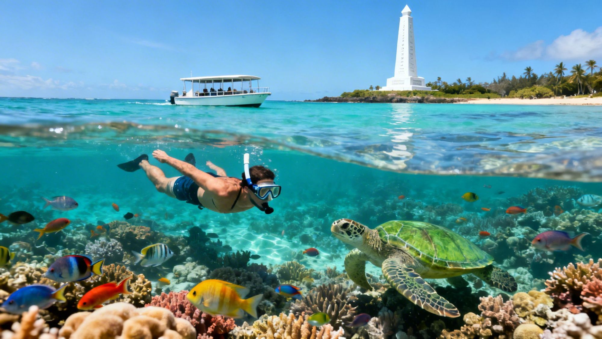 Person snorkeling near tropical fish and sea turtle with a boat and lighthouse in the background.