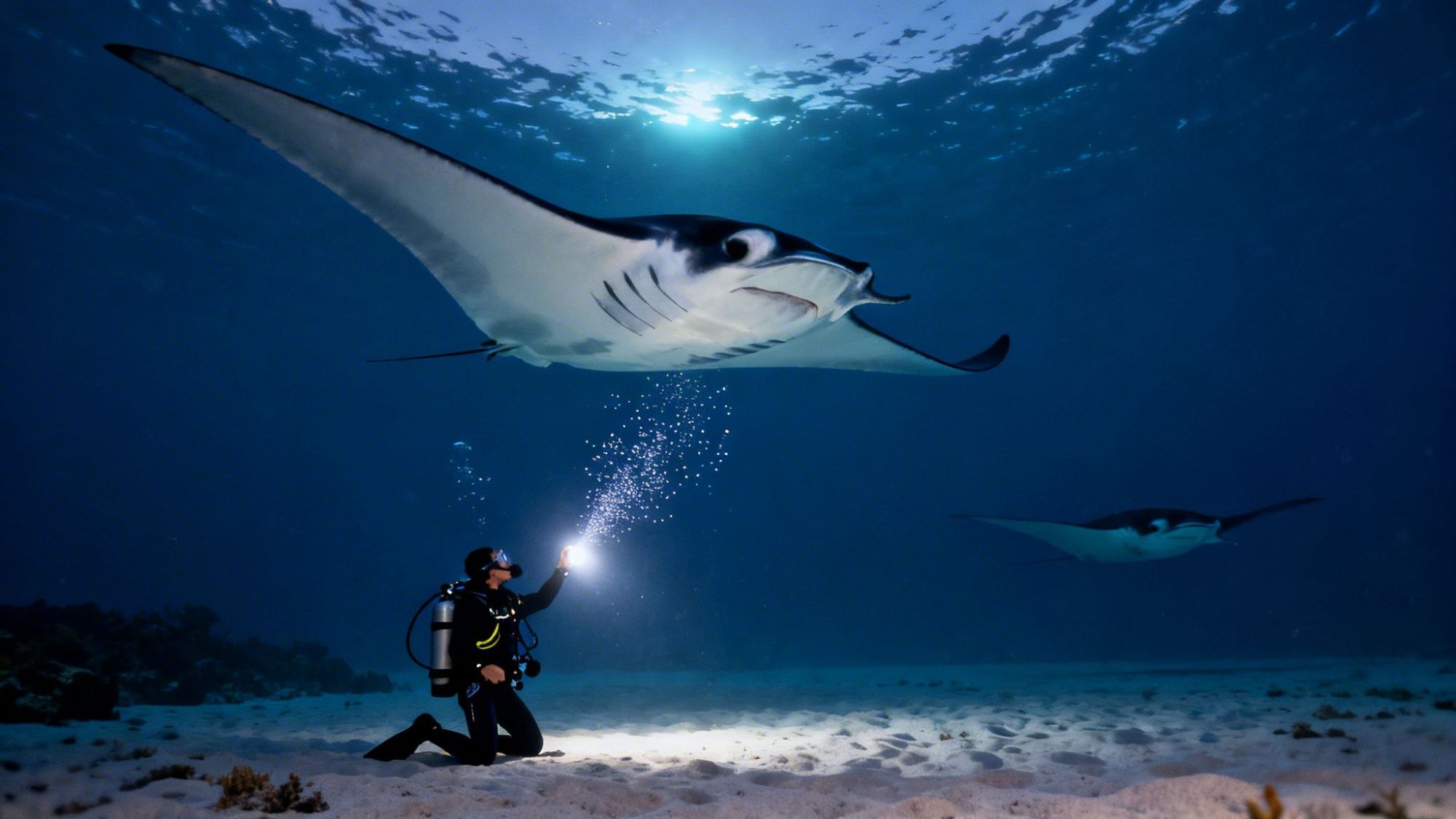 Diver with flashlight kneels underwater beneath a large manta ray in deep blue ocean.