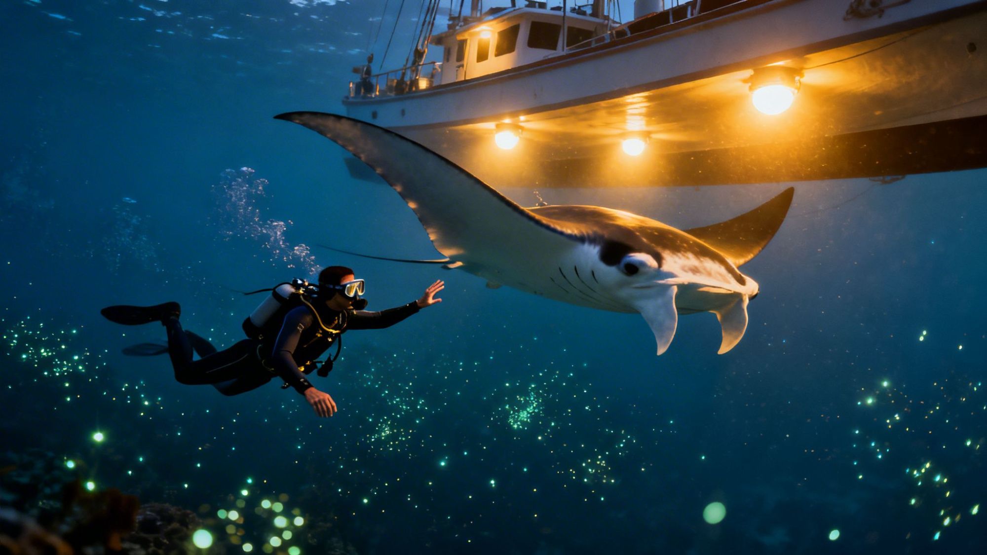 Diver and manta ray swimming under a boat, with glowing spots in the water.