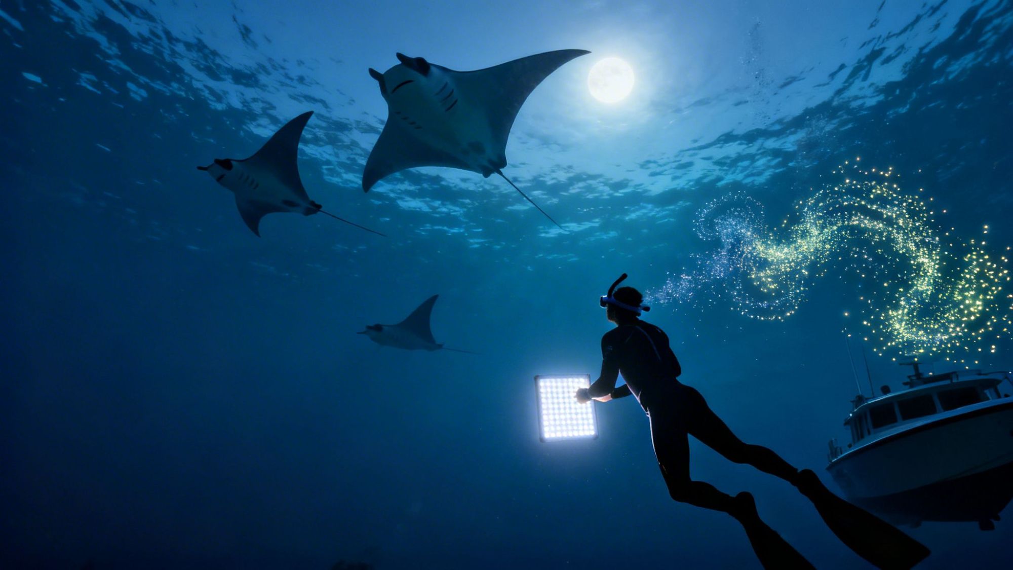 Diver with camera light swims near manta rays and glowing particles under moonlit ocean.