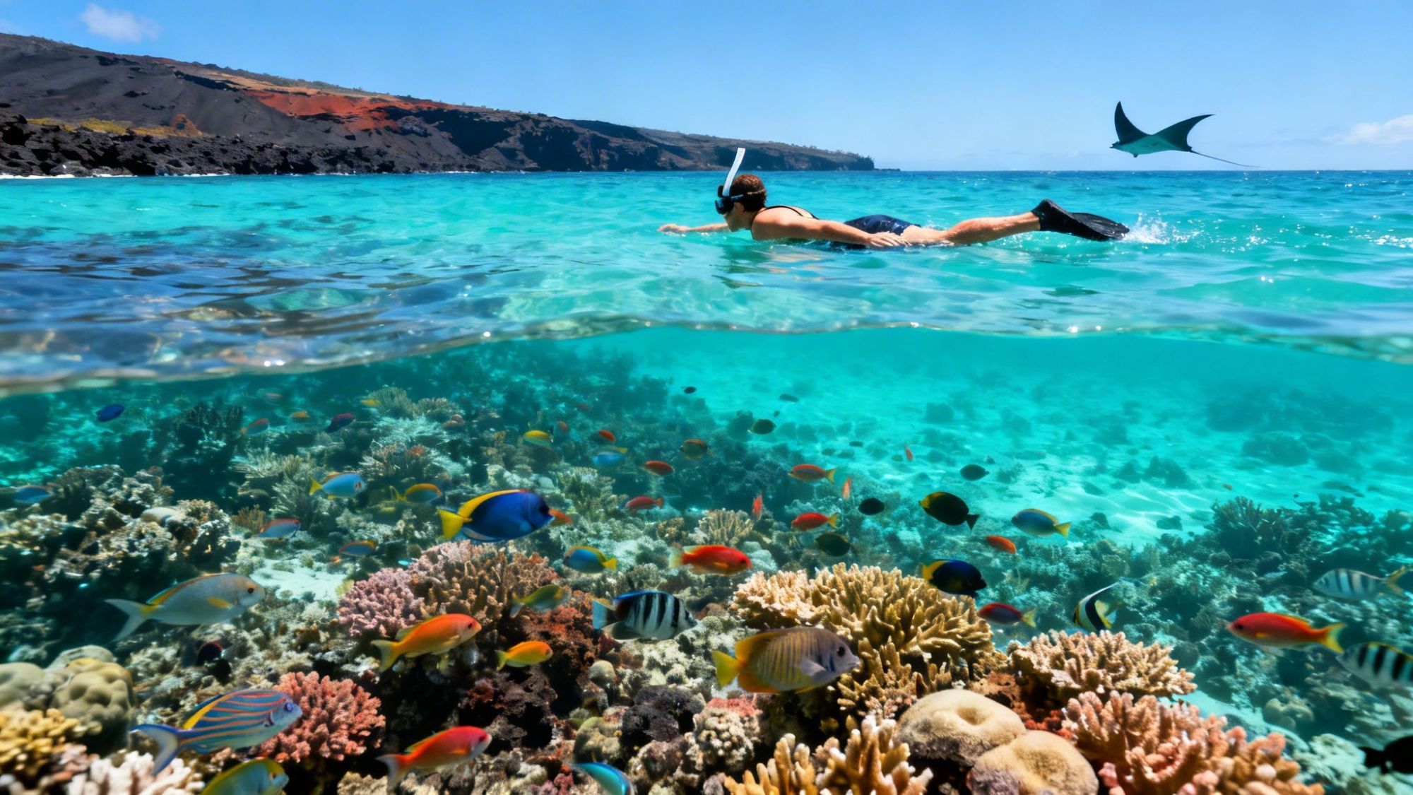 Person snorkeling above colorful coral reef with tropical fish and a manta ray in clear blue water.