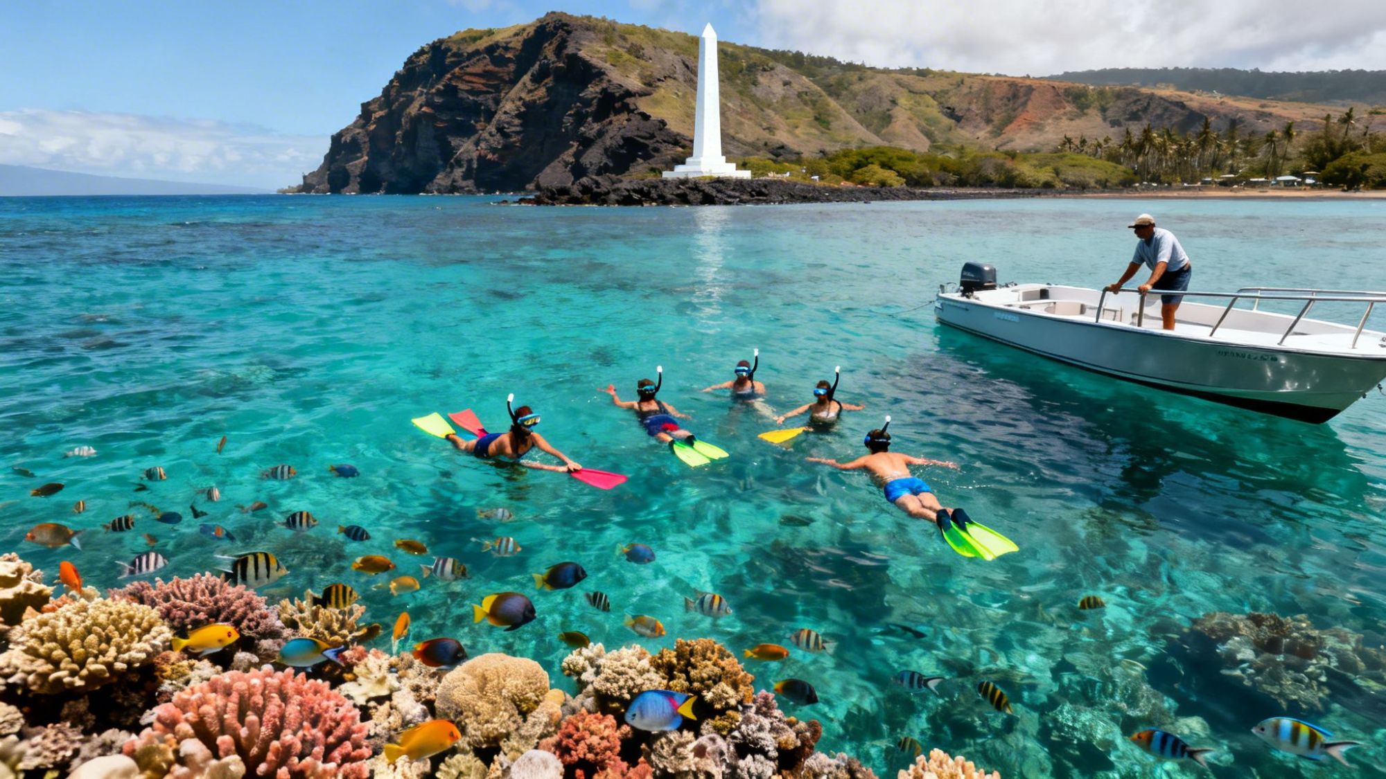 People snorkeling near colorful fish and coral with a boat and monument in the background.