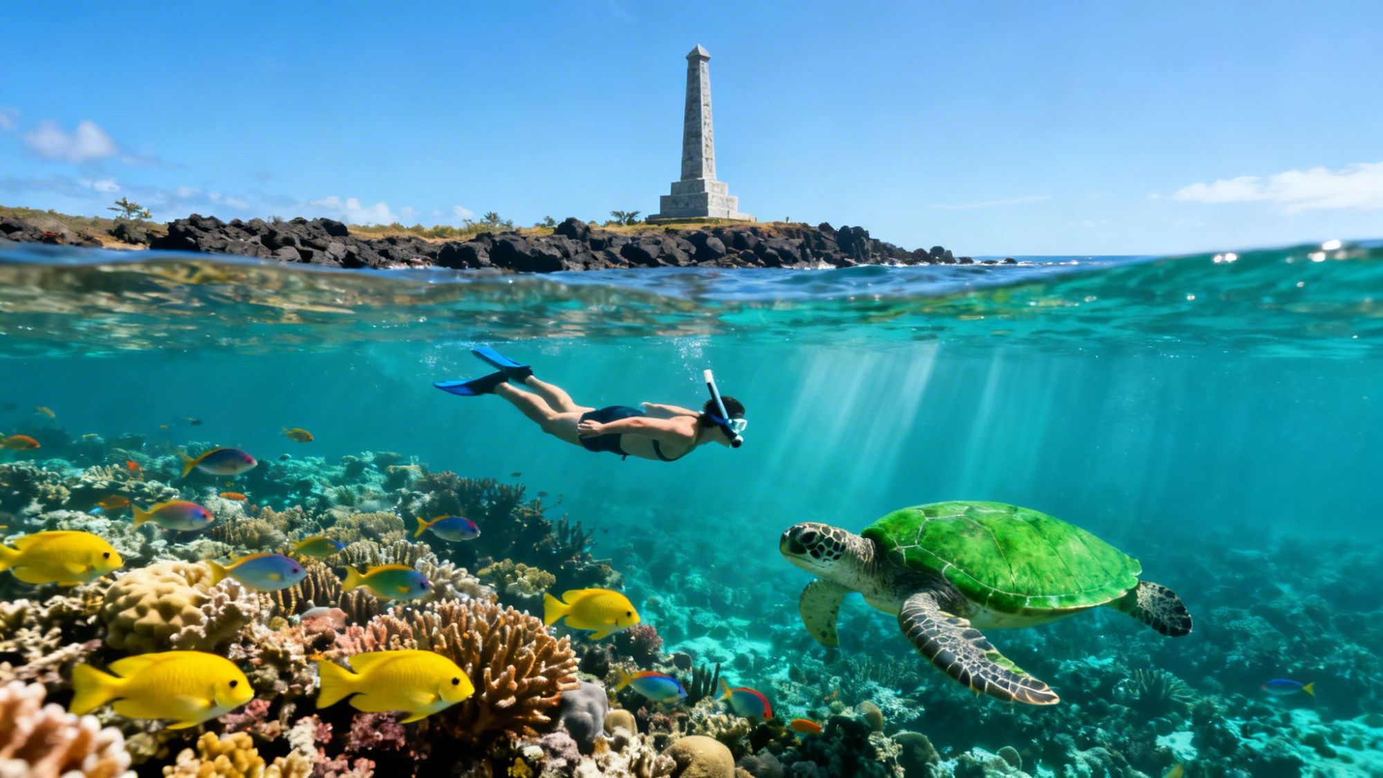 Snorkeler and sea turtle underwater with monument and rocky shore in background.