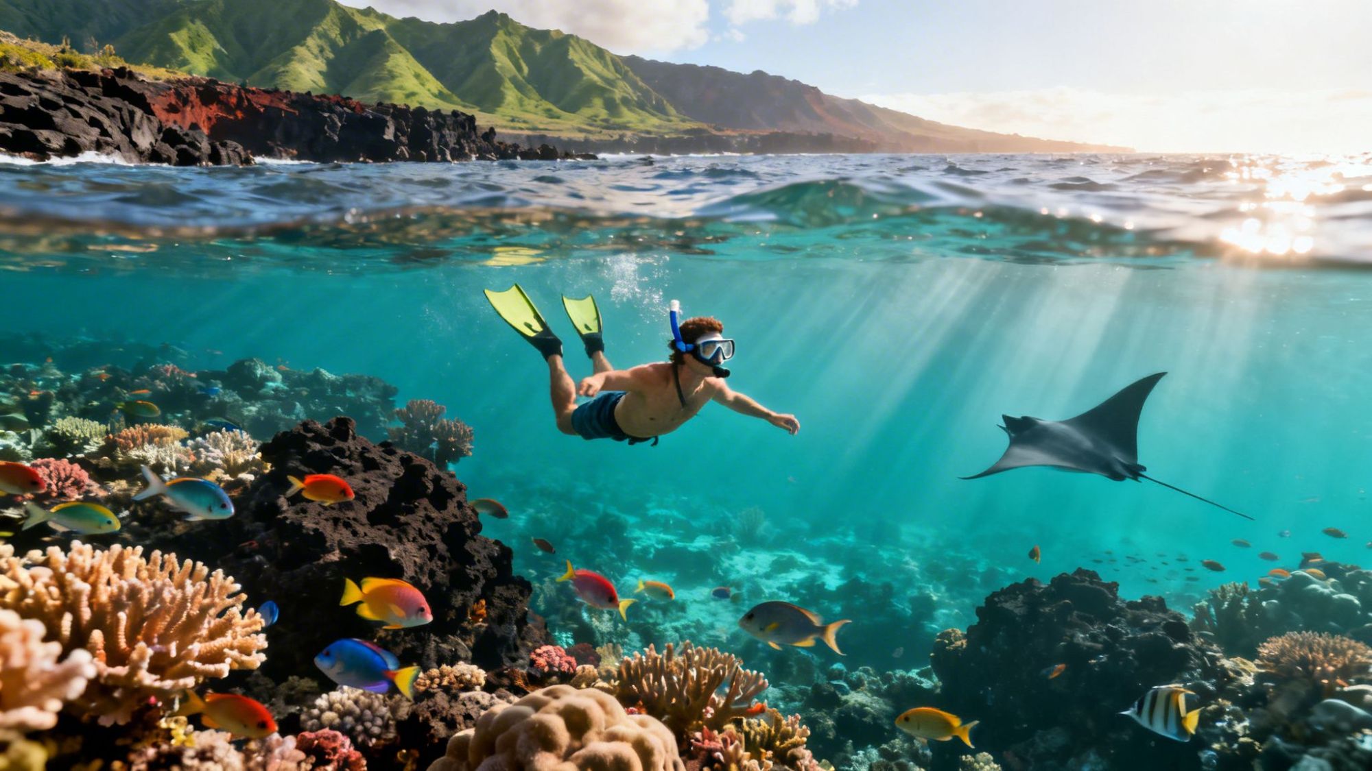 Snorkeler swims over colorful coral reef with fish and manta ray, sunlit coastal mountains in background.
