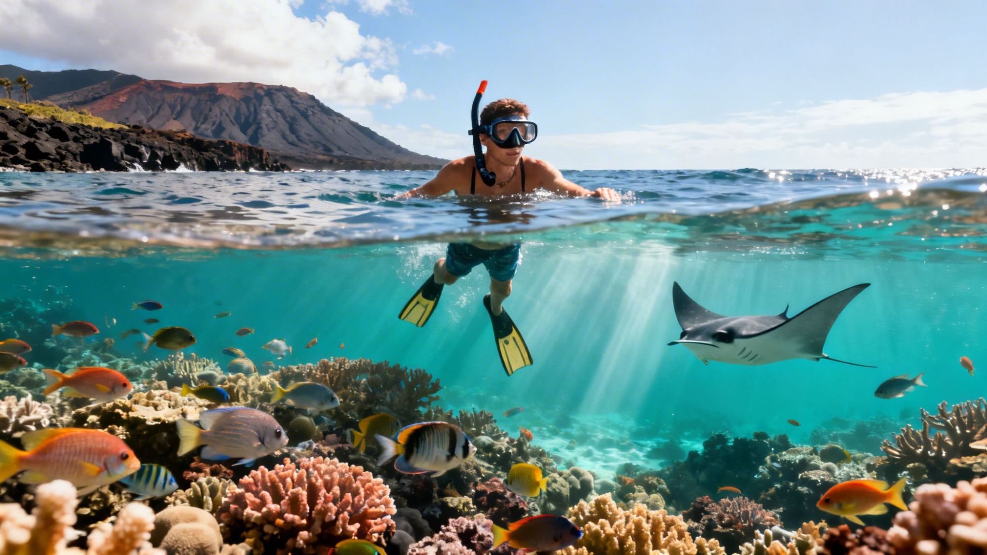 Snorkeler in clear sea over colorful coral reef with fish and a manta ray.
