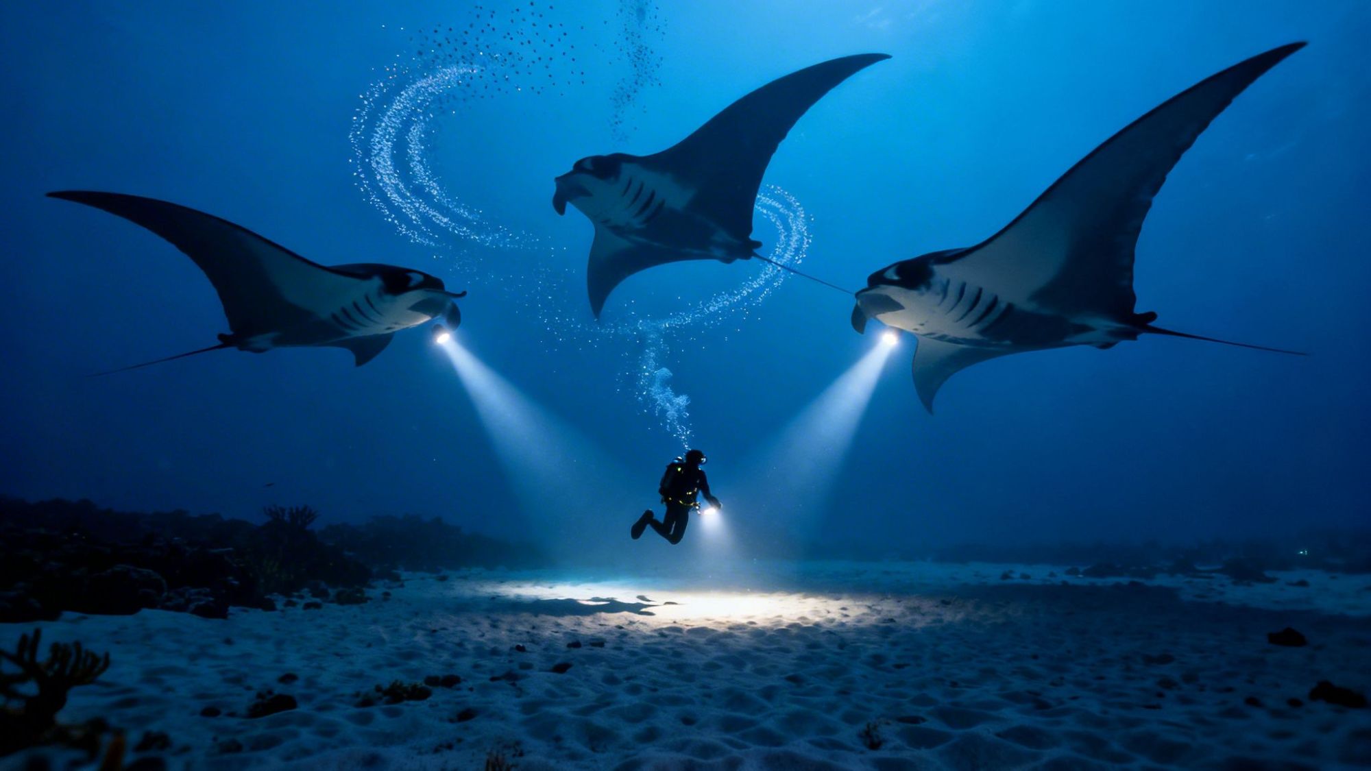 Diver with flashlight surrounded by three manta rays underwater at night.