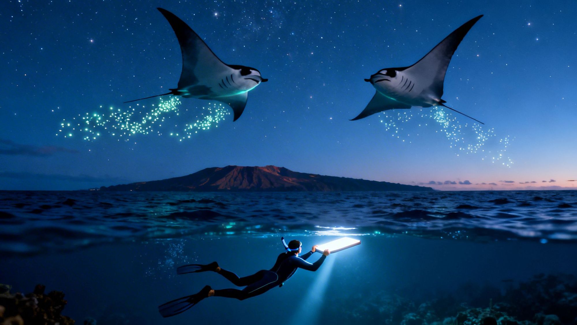 Underwater diver with tablet, two manta rays above, bioluminescent lights, island in background, starry sky.