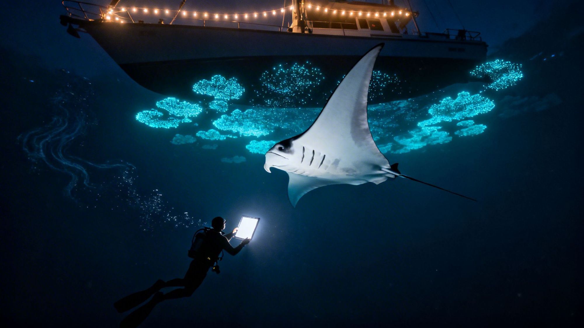 Underwater diver with light near manta ray and illuminated boat above at night.