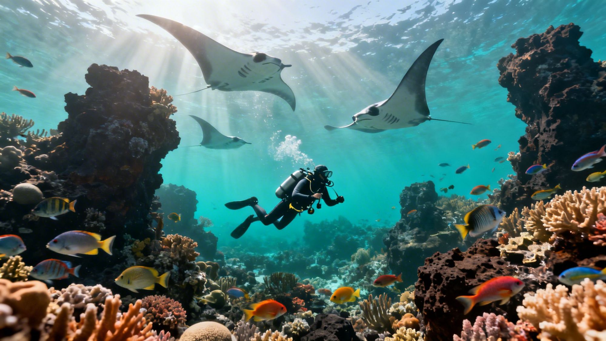 Scuba diver under sunlight with manta rays and colorful fish in a coral reef.