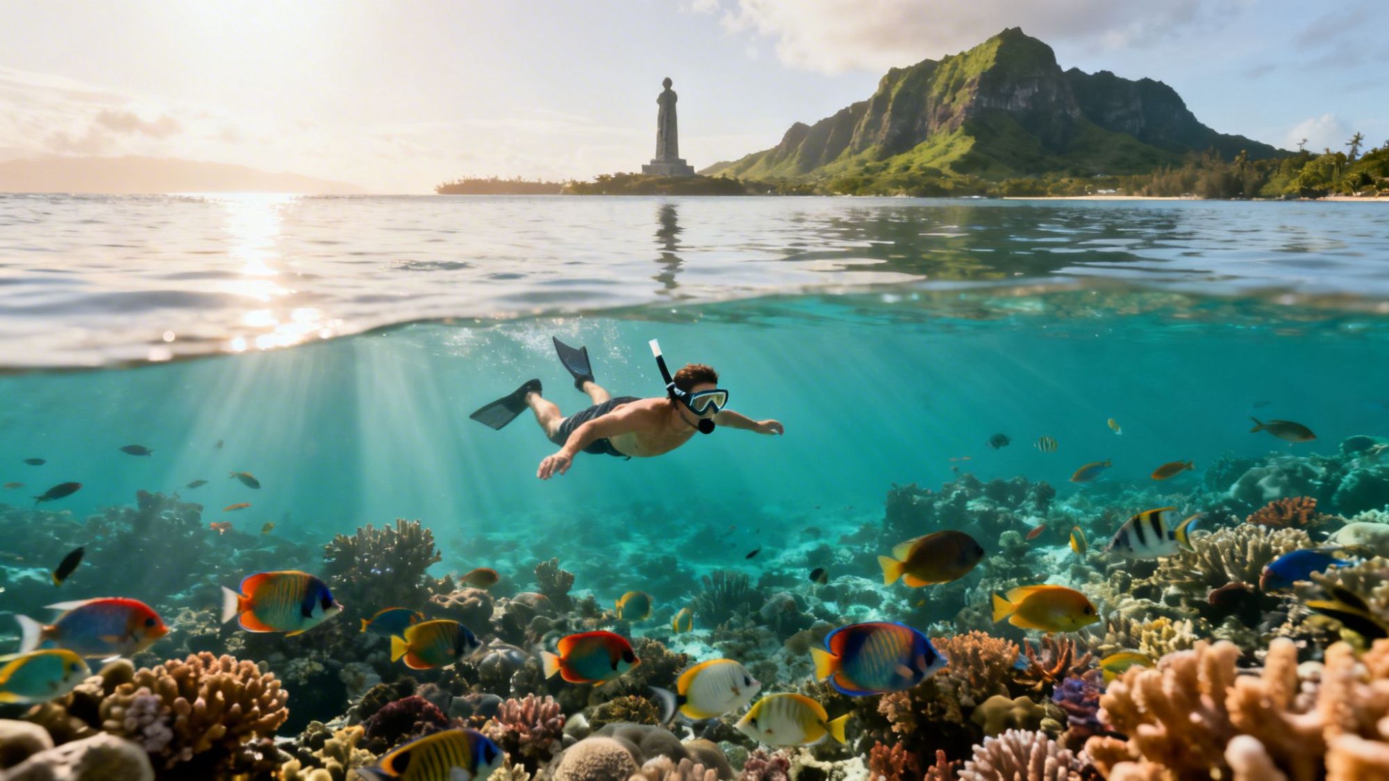 Person snorkeling over colorful coral reef with tropical fish, island and statue in background.