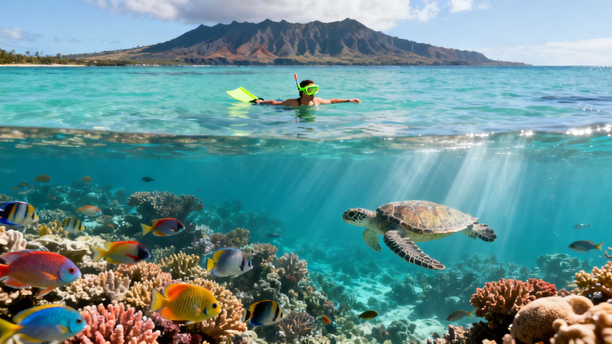 Snorkeler above vibrant coral reef with fish and a sea turtle, mountain in the background.