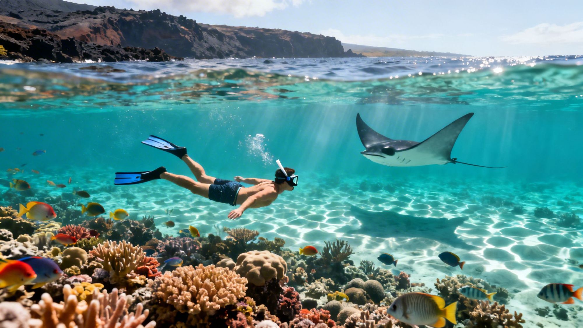 Snorkeler near coral reef with colorful fish and a manta ray in clear turquoise water.