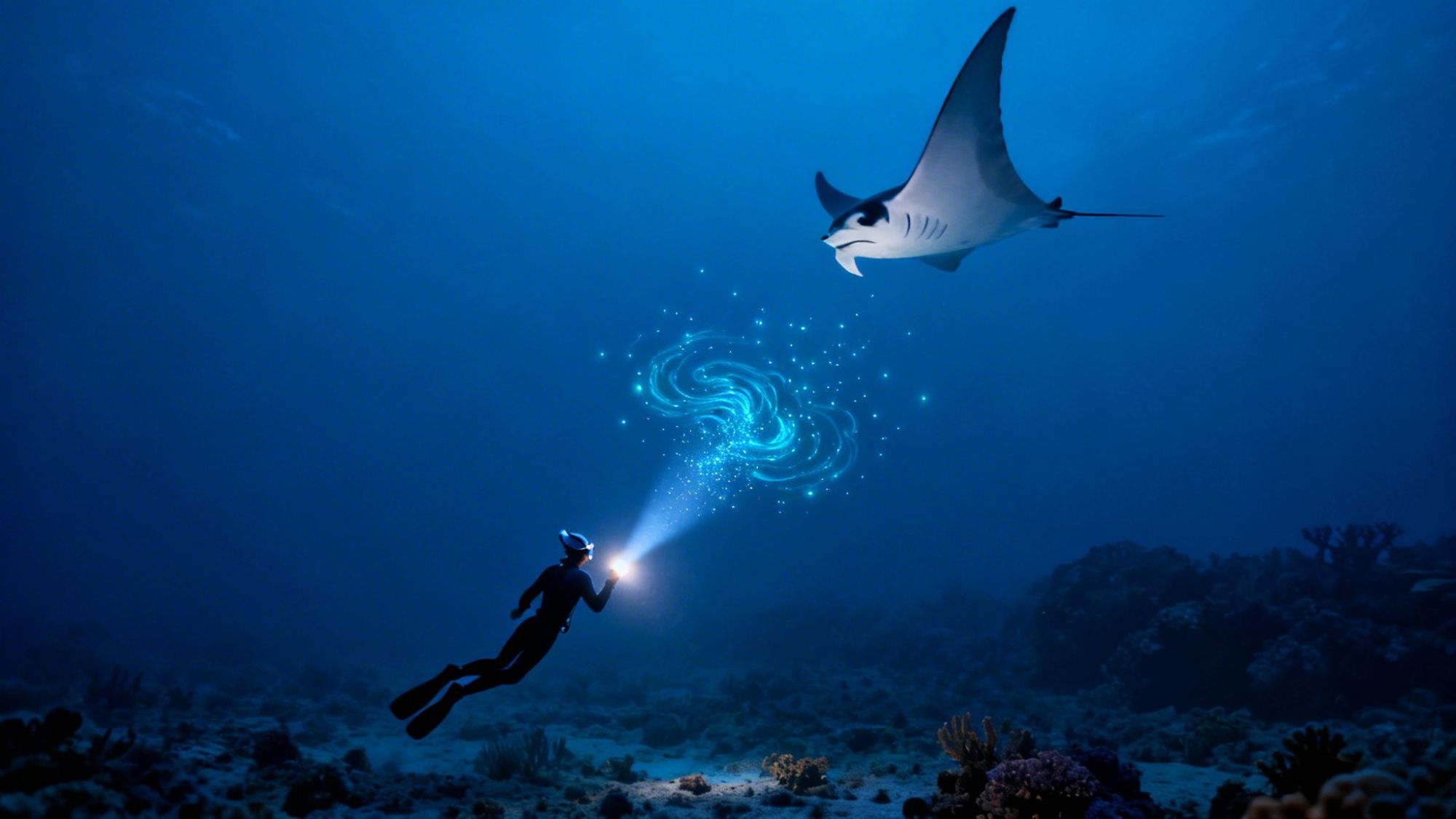 Diver shining flashlight at manta ray in deep blue ocean, with glowing swirl between them.