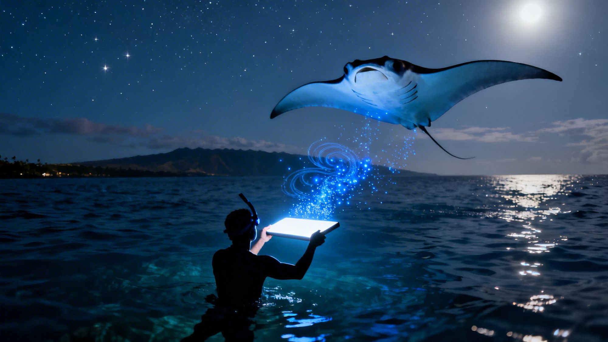 Person swimming at night holds glowing tablet as manta ray leaps above, under starry sky and moonlight.