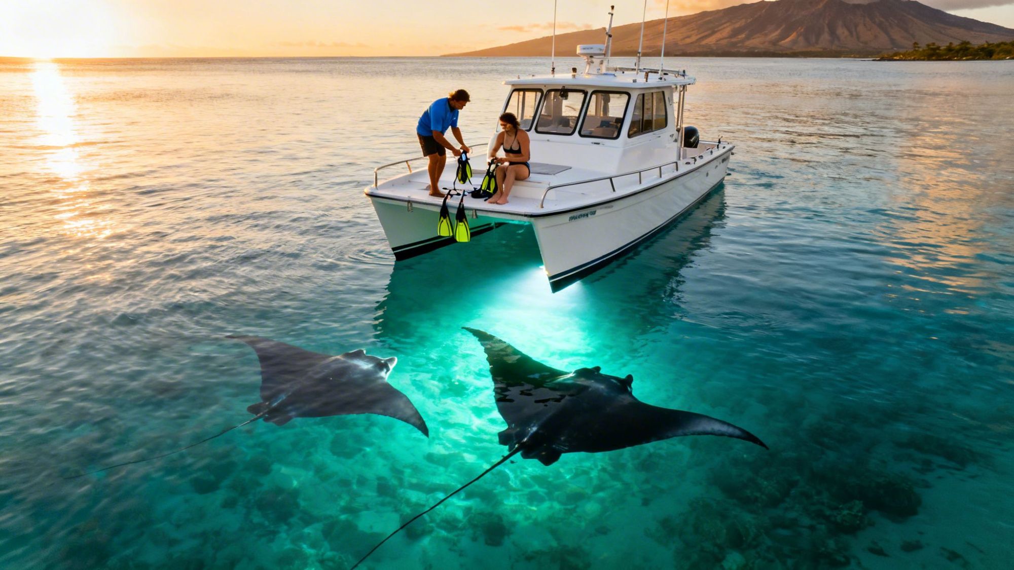 Two people on a boat with diving gear above illuminated manta rays in clear water, sunset in the background.