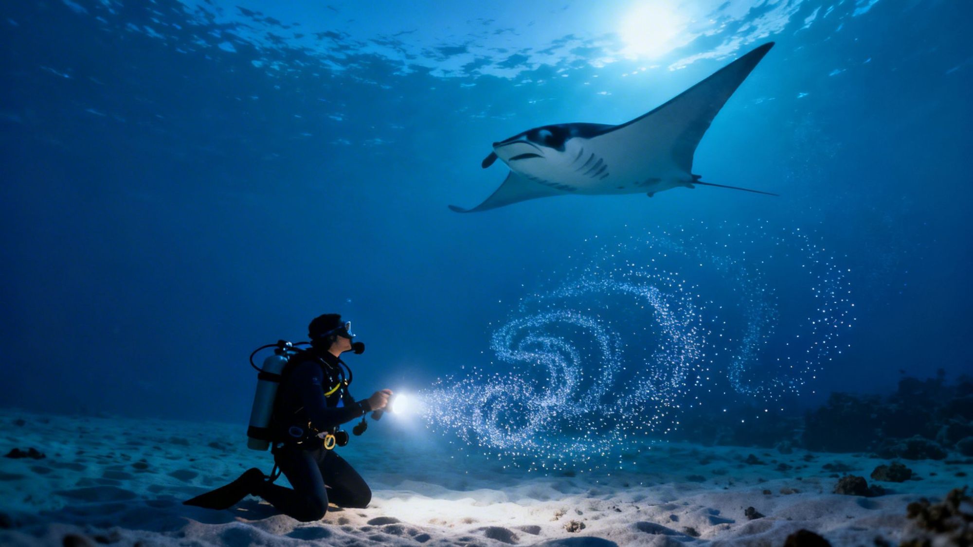 Scuba diver shines light on a manta ray underwater, surrounded by swirling bubbles.