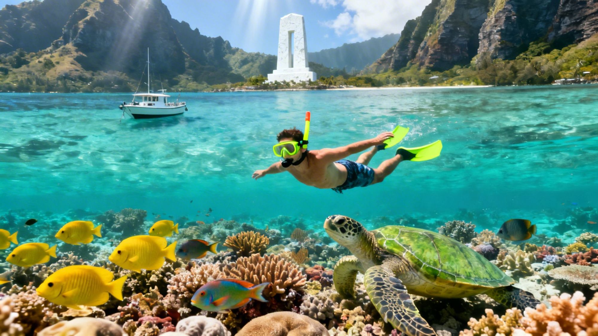 Snorkeler swims above reef with fish and turtle, boat floats nearby, mountains and arch in background.