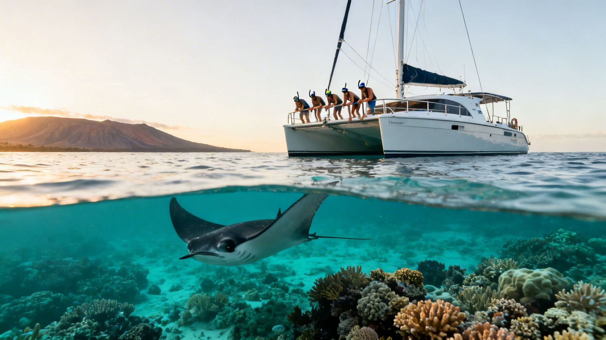 Snorkelers on a boat with a manta ray underwater and a sunset over a mountain in the background.