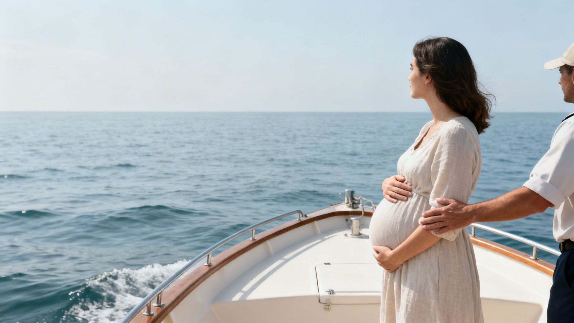 Pregnant woman on a boat, facing the sea, with a man supporting her.