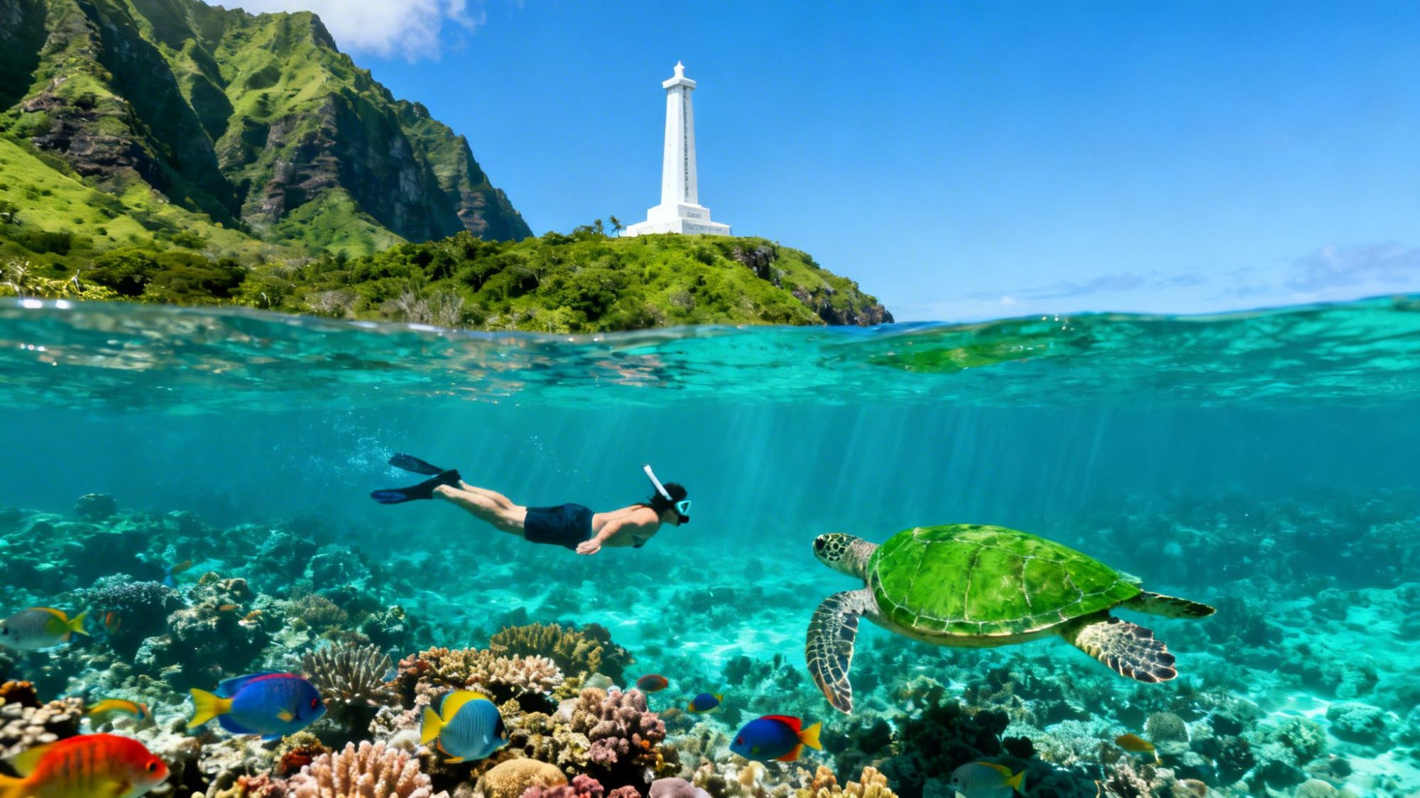 Snorkeler and sea turtle in clear water with vibrant coral and a mountain with a white monument in the background.